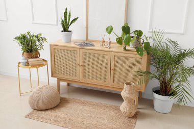 Odanın içi ahşap klozet, bitki ve puf dolu.