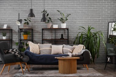 Kanepesi, koltuğu ve yeşil bitkileri olan modern oturma odasının içinde.