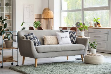 Kanepe, tezgah ve bitkilerle modern mutfak.