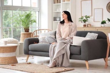 Evdeki kanepede oturan sıcak ekoseli ve dizüstü bilgisayarlı güzel, genç ve mutlu bir kadın.