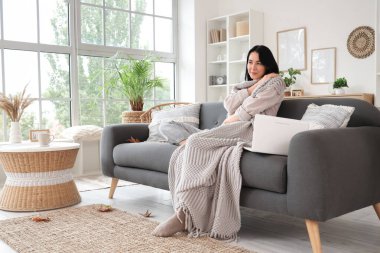 Evdeki kanepede oturan sıcak ekoseli ve dizüstü bilgisayarlı güzel, genç ve mutlu bir kadın.