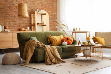 İçinde yeşil kanepe, koltuk ve balkabağı olan oturma odası.