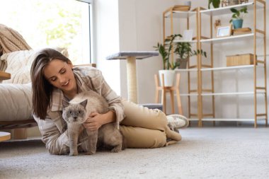 Şirin İngiliz Shorthair kedisi olan genç bir kadın evde halıda yatıyor.
