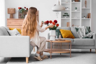 Genç bir kadın evdeki vazoya yıldız çiçeği koyuyor.