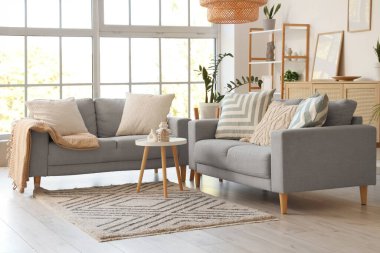 Gri kanepeleri, raf ünitesi ve bitkileriyle aydınlık oturma odasının içinde.