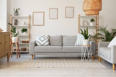 Gri kanepeler, raf üniteleri ve bitkilerle aydınlık oturma odasının içinde.