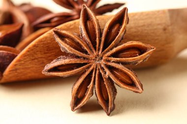 Ahşap kepçeyle aromatik yıldız anason rengi arka planda, yakın plan