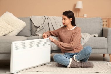 Genç bir kadın evdeki elektrikli konteyner ısıtıcısını açıyor.