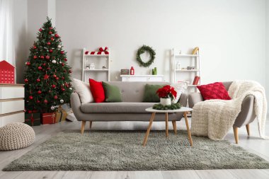 Oturma odasının içinde kanepe, koltuk ve Noel çiçeği süsleri var.