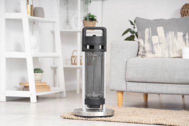 Oturma odasındaki kanepenin yanındaki elektrikli ısıtıcı.