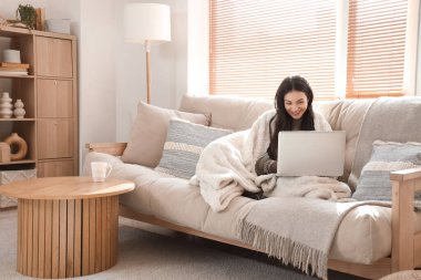 Sıcak ekoseli genç bir kadın kış günü evde dizüstü bilgisayar kullanıyor.