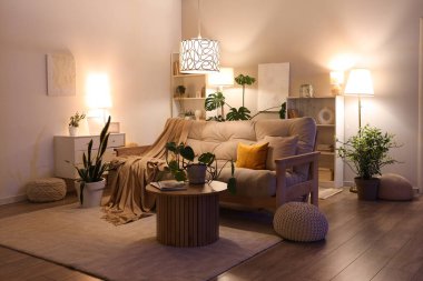 Geceleri kanepeli oturma odasının şık bir iç mekanı.