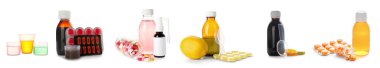 Set of cough syrups and remedies on white background clipart