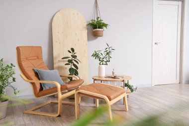 Oturma odasındaki ışıklı duvarın yanında, ayaklı, masa ve farklı bitkilerle dolu yumuşak bir sandalye.