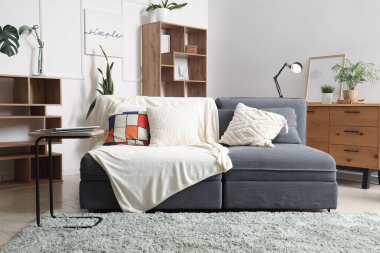 Oturma odasının içinde kanepe, çekmece ve raf üniteleri var.