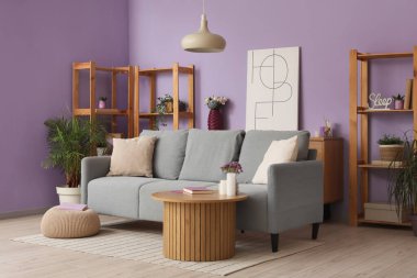 Rahat kanepe, kahve masası ve oturma odasının güzel iç kısımlarında raf ünitesi.