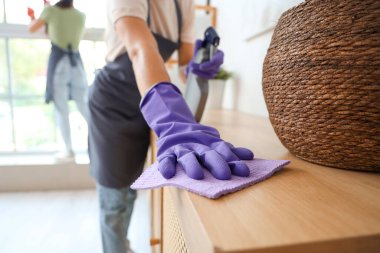 Kadın temizlikçi odada klozet temizleme, yakın çekim