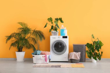 Modern çamaşır makinesi, çamaşır sepetleri ve oda çiçekleri.