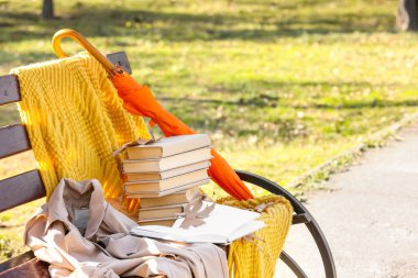 Sonbahar parkında üzerinde battaniye, şemsiye ve palto olan bir yığın kitap.