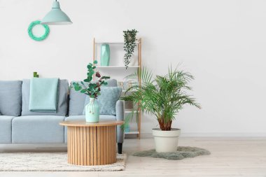 Oturma odasındaki yumuşak kanepe ve kahve masası.