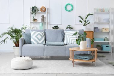 Konforlu kanepe, kahve masası ve oturma odasının iç tarafındaki bitkiler.