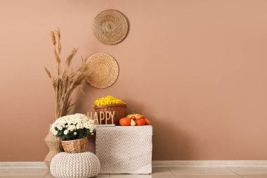 Kasımpatı dolu sepet, bank, balkabağı ve puf. Odada bej duvarın yanında.