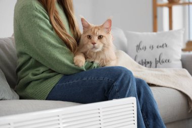 Maine Rakun kedisi olan genç bir kadın evdeki elektrikli ısıtıcının yanındaki kanepede oturuyor.