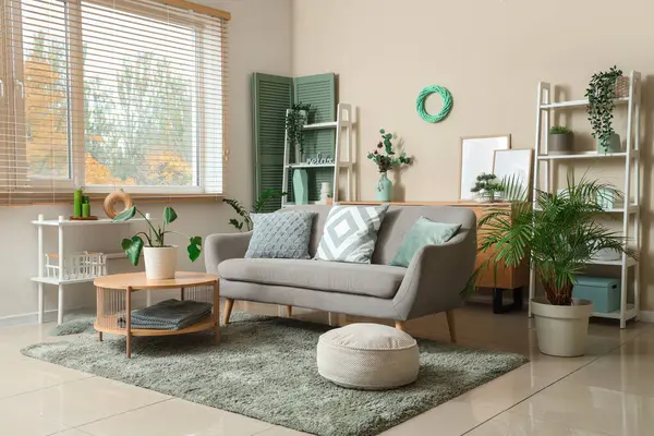 Oturma odasının içinde kanepe, kahve masası ve bitkiler var.