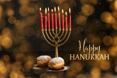 Greeting card for Hanukkah with menorah and donuts on dark background  clipart