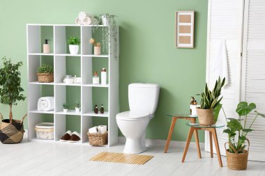 Tuvaletin içinde klozet, raf ünitesi ve yeşil duvarın yanında bitkiler var.