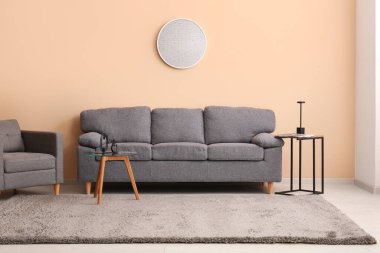 Rahat bir kanepe, kahve masaları ve oturma odasının içindeki ayna.