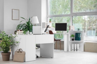 Masaları, raf üniteleri ve bitkileri olan ışık ofisinin içi