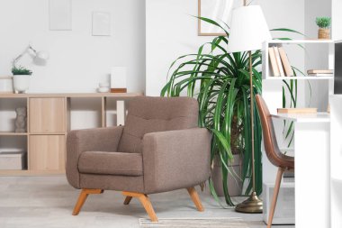 Koltuğu, lambası ve palmiyesi olan ışık ofisinin içi