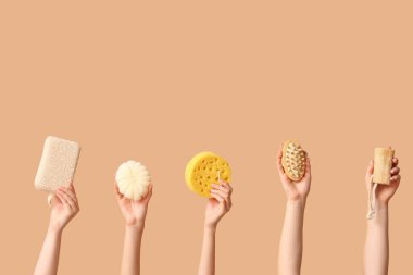 Banyo süngeri ve bej arka planda masaj fırçası olan kadın elleri.