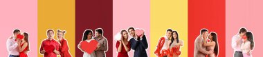 Set of happy couples on color background. Valentine's Day celebration