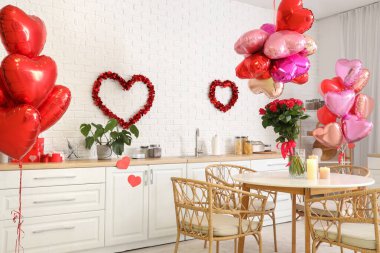 Interior of festive kitchen with decorations for Valentine's Day celebration