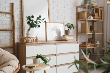 Kitaplık, çekmece sandığı ve modern oda içinde kahve masası.