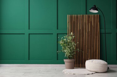 Pouf, saksı, ahşap ekran ve lamba yeşil duvarın yanında.