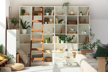 Kitaplı ve merdivenli raf üniteli ev kütüphanesinin içi