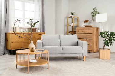 Gri kanepesi, raf ünitesi ve sehpası olan modern bir oturma odası.