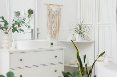 Göğüs, lavabo ve ayna dolu hafif bir banyo.