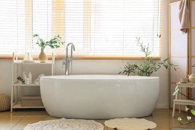 Banyo küveti, raf ünitesi, ev bitkileri ve halı.