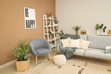 Gri kanepesi, koltuğu ve bitkileri olan şık bir oturma odası.