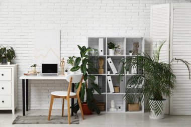 Modern işyeri, raf ünitesi ve yeşil santrallere sahip ofis içi