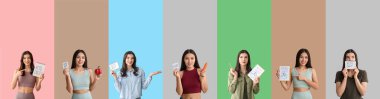 Set of healthy young women on color background. Concept of keto diet clipart