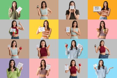 Collage of healthy young women on color background. Concept of keto diet clipart