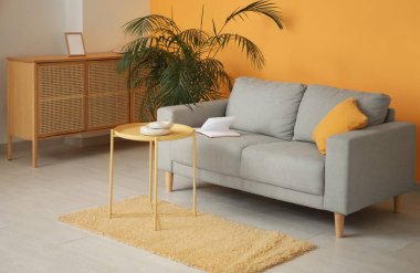 Yastıklı ve kitaplı rahat bir kanepe, çekmeceler, oturma odasında bitki ve kahve masası.