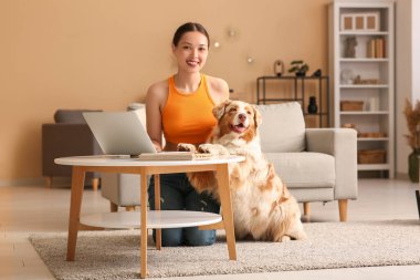 Genç bir kadın, oturma odasında şirin bir Avustralya çoban köpeğiyle dizüstü bilgisayar kullanıyor.