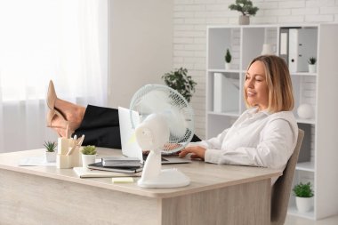 Elektrikli vantilatörü ve dizüstü bilgisayarı olan güzel, olgun bir iş kadını.