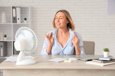 Ofisinde elektrikli yelpazesi olan güzel, olgun, mutlu bir iş kadını.